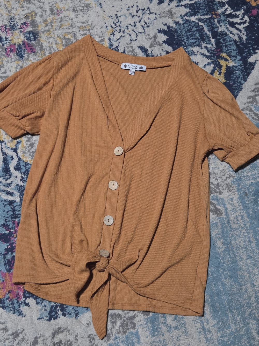 Wilda Rust Tie-Front Button V-Neck Top